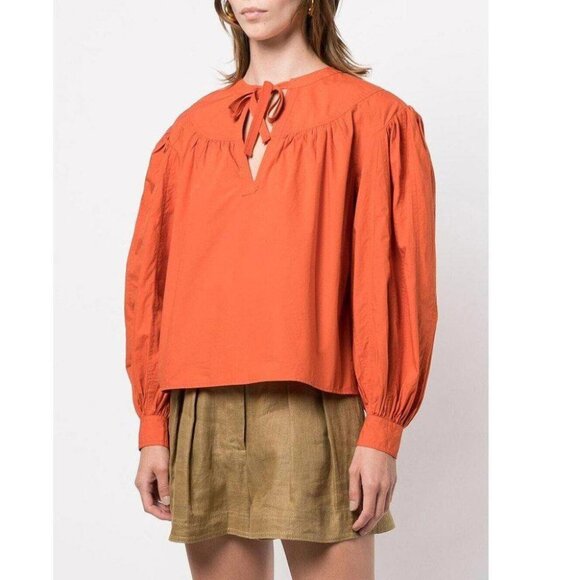Ulla Johnson Delaney Blouse Top Solid Orange Cotton-Poplin Balloon M-8